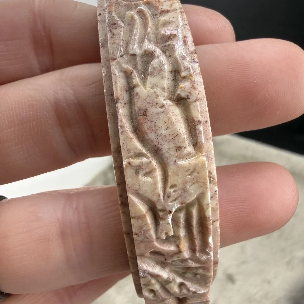 Vintage Bangle Bracelet Carved Polished Stone Pink 8